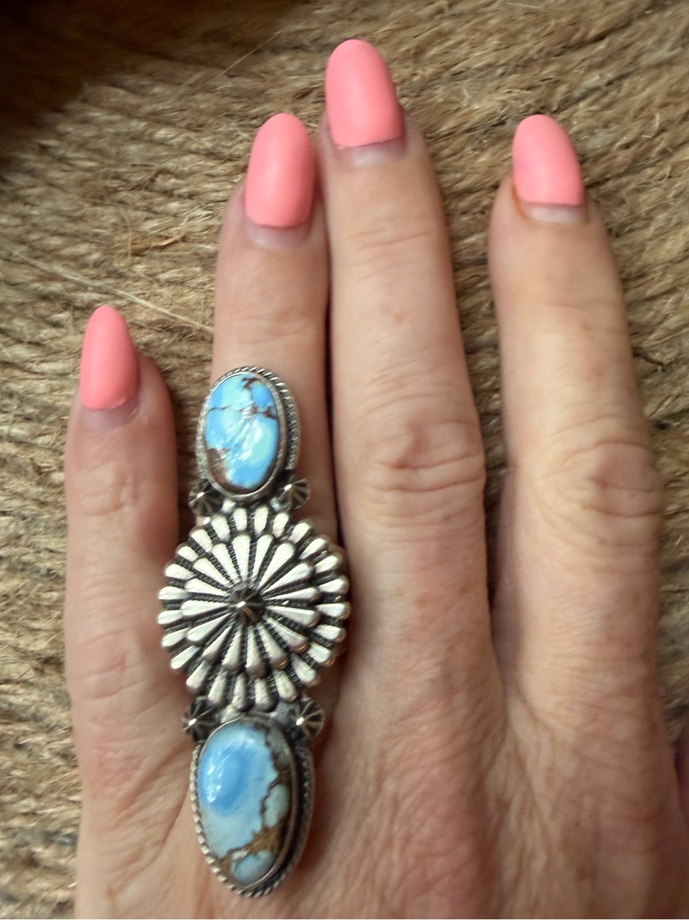 Samual Yellowhair Navajo Sterling Silver Golden Hills Turquoise Statement Ring - Picture 8 of 9
